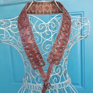 Real Leather Belt Bohemian Metal Studded Woven Genuine Leather Wide Belt Womens